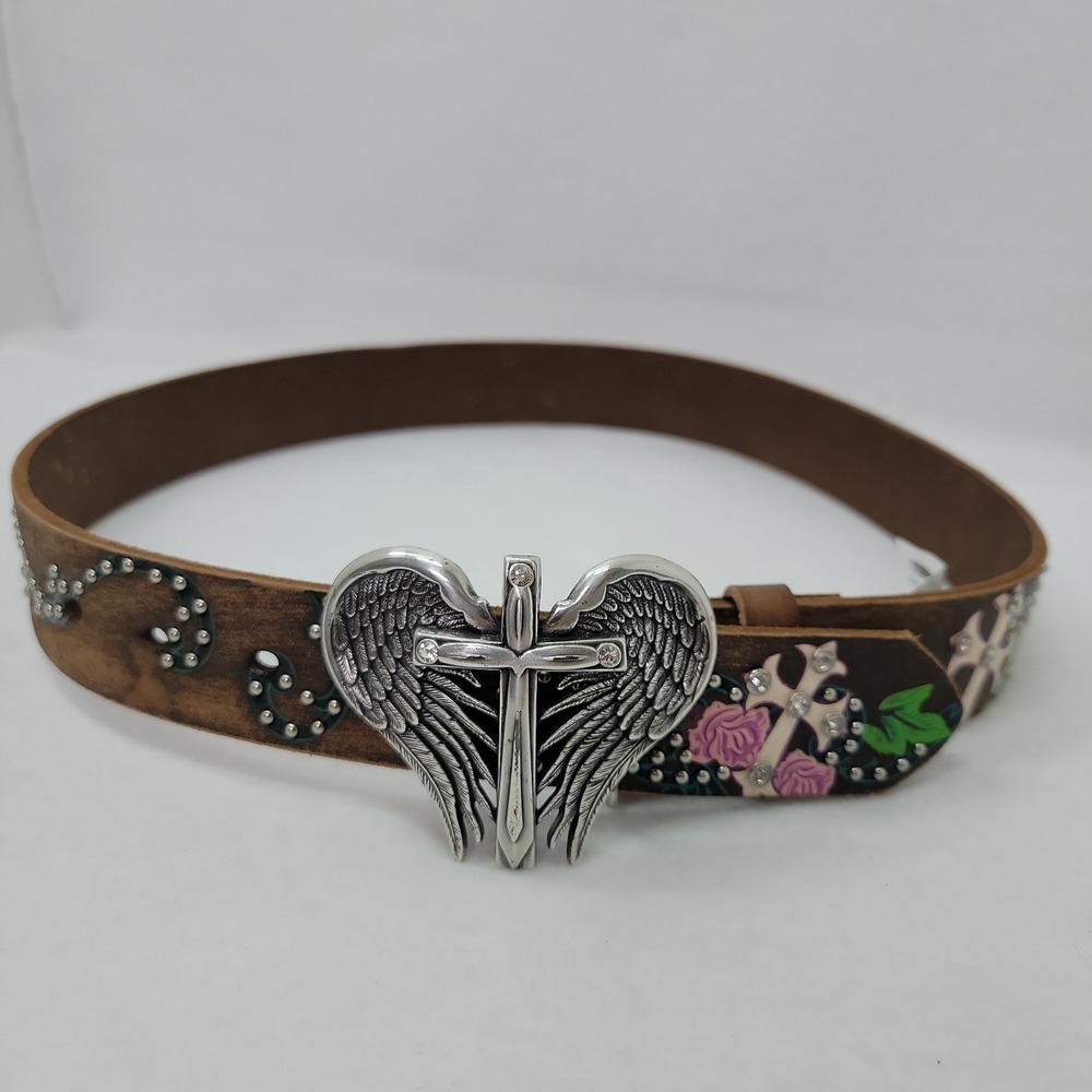 NOCONA Rhinestone Belt Wing Cross Buckle Silver Studs Tool Leather Western Sz S - Picture 8 of 12